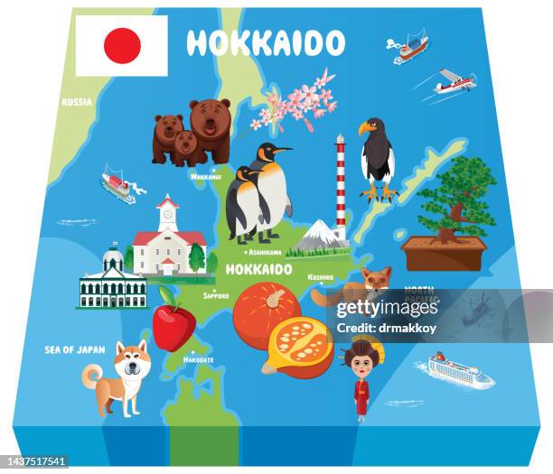 stockillustraties, clipart, cartoons en iconen met cartoon map of hokkaido - hokkaido