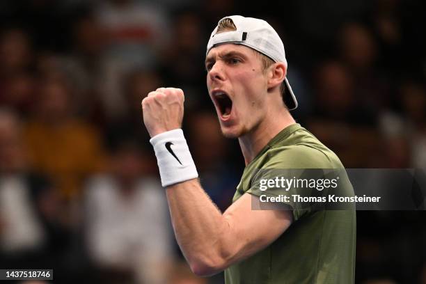 Denis Shapovalov of Canada reacts in his semi finals match against Borna Coric of Croatia during day eight of the Erste Bank Open 2022 at Wiener...