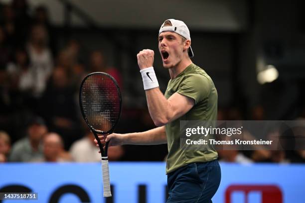 Denis Shapovalov of Canada reacts in his semi finals match against Borna Coric of Croatia during day eight of the Erste Bank Open 2022 at Wiener...