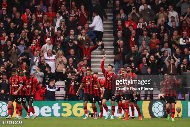 Kieffer Moore of AFC Bournemouth celebrates scoring their side's second goal with teammates during the Premier League match between AFC Bournemouth...