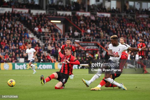 Ryan Sessegnon of Tottenham Hotspur scores their side's first goal whilst under pressure from Chris Mepham of AFC Bournemouth during the Premier...