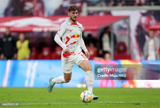 Timo Werner of RB Leipzig runs with the ball before they scored their team's second goal during the Bundesliga match between RB Leipzig and Bayer 04...
