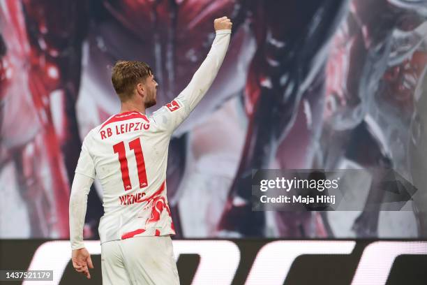 Timo Werner of RB Leipzig celebrates after scoring their team's second goal during the Bundesliga match between RB Leipzig and Bayer 04 Leverkusen at...