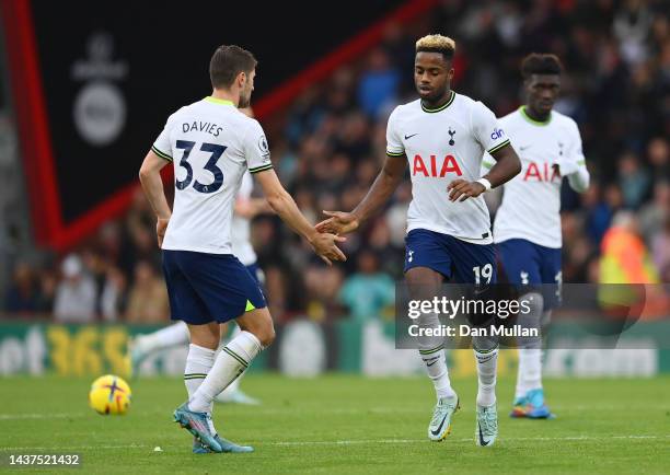 Ryan Sessegnon of Tottenham Hotspur celebrates scoring their side's second goal with teammate tot33 during the Premier League match between AFC...