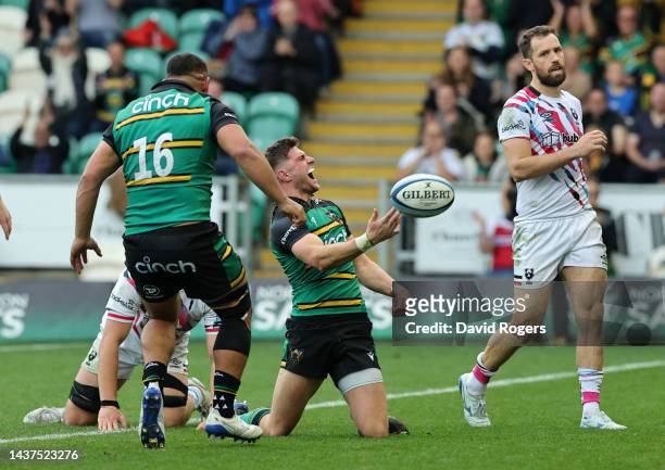 James Grayson of Northampton Saints celebrates after scoring their sixth try during the Gallagher Premiership Rugby match between Northampton Saints...