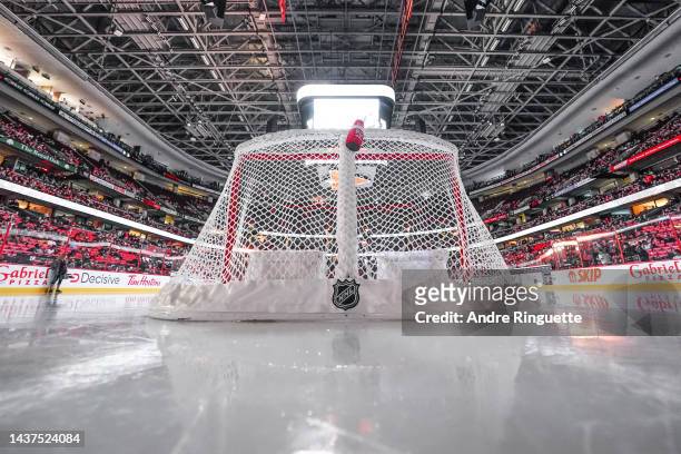 General view of Canadian Tire Centre from behind the net showing the NHL logo prior to a game between the Ottawa Senators and the Minnesota Wild on...