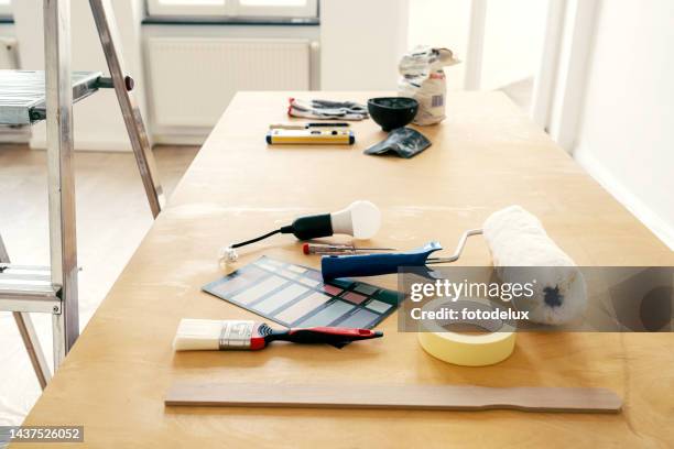 flay lay of home renovating tools on wooden floor - turner contemporary stock pictures, royalty-free photos & images