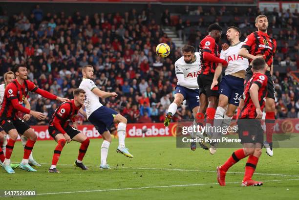 Rodrigo Bentancur of Tottenham Hotspur contends for the aerial ball during the Premier League match between AFC Bournemouth and Tottenham Hotspur at...