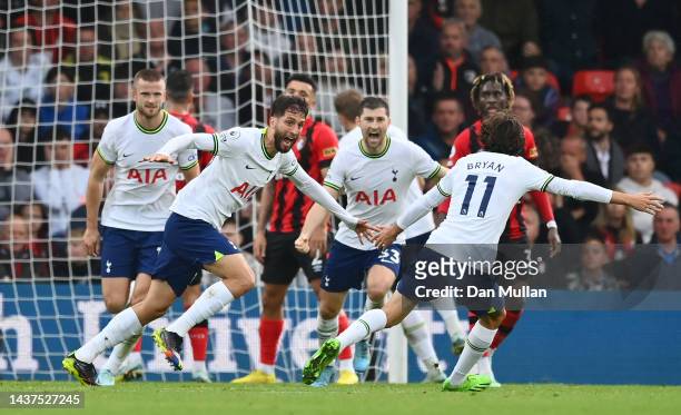 Rodrigo Bentancur of Tottenham Hotspur celebrates scoring their side's third goal with Bryan Gil during the Premier League match between AFC...