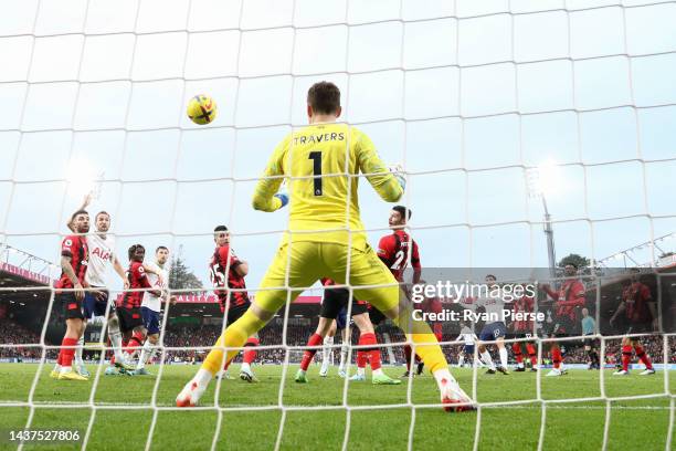 General view as Rodrigo Bentancur of Tottenham Hotspur scores their side's third goal as Mark Travers of AFC Bournemouth attempts to make a save...