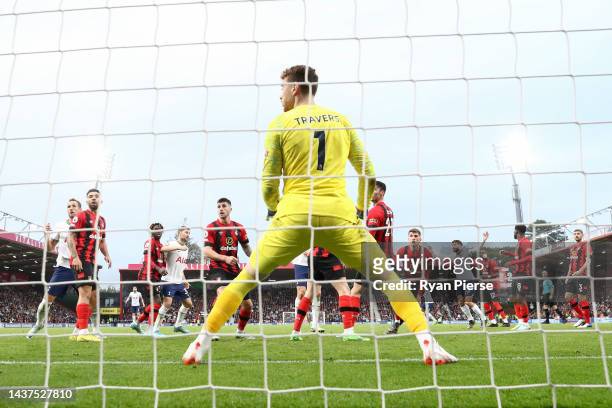General view as Rodrigo Bentancur of Tottenham Hotspur scores their side's third goal as Mark Travers of AFC Bournemouth attempts to make a save...