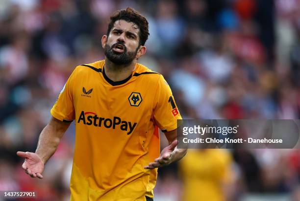 Diego Costa of Wolverhampton Wanderers reacts after being awarded a red card during the Premier League match between Brentford FC and Wolverhampton...