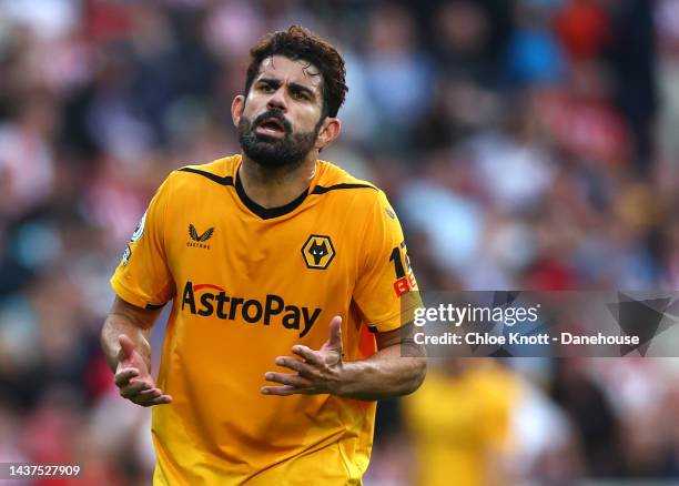 Diego Costa of Wolverhampton Wanderers reacts after being awarded a red card during the Premier League match between Brentford FC and Wolverhampton...