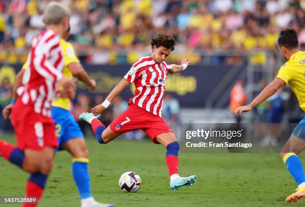 Joao Felix of Atletico Madrid scores their side's second goal during the LaLiga Santander match between Cadiz CF and Atletico de Madrid at Estadio...