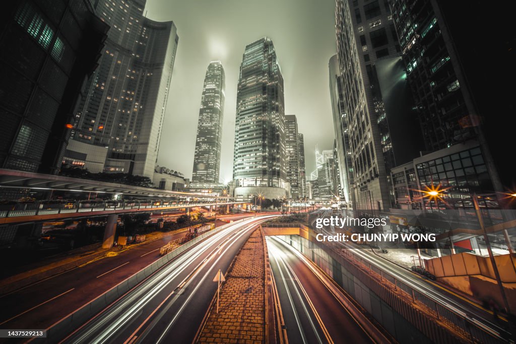 Traffic trails in Financial District, Hong Kong