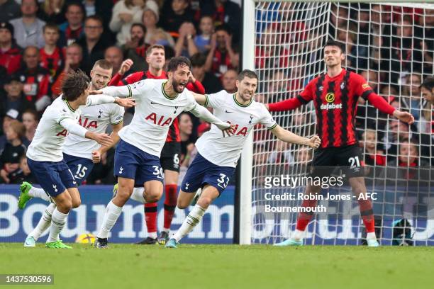 Rodrigo Bentancur of Tottenham Hotspur leads the celebrations after he scores a goal to make it 3-2 during the Premier League match between AFC...