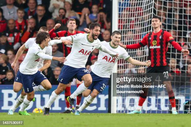 Rodrigo Bentancur of Tottenham Hotspur leads the celebrations after he scores a goal to make it 3-2 during the Premier League match between AFC...