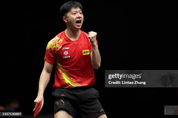 Ma Long of China celebrates match point against Wang Chuqin of China during the Men's Singles Semifinal on day three of the WTT Cup Finals Xinxiang...