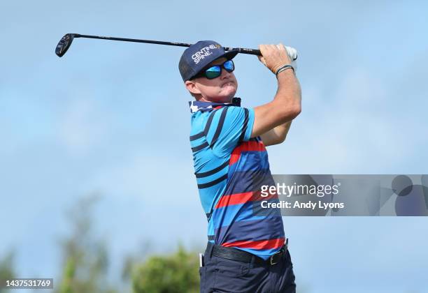 Brian Gay of the United States plays his shot from the first tee during the third round of the Butterfield Bermuda Championship at Port Royal Golf...