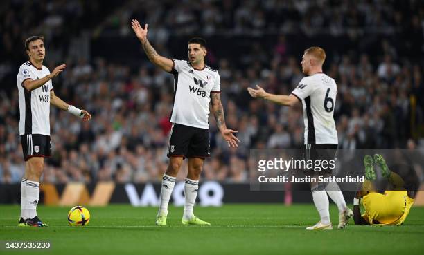 Aleksandar Mitrovic of Fulham reacts during the Premier League match between Fulham FC and Everton FC at Craven Cottage on October 29, 2022 in...