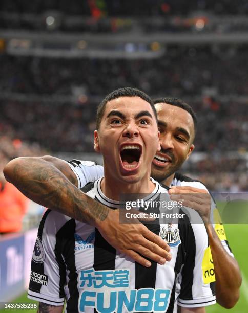 Goalscorer Miguel Almiron celebrates after scoring the fourth Newcastle goal with Callum Wilson during the Premier League match between Newcastle...