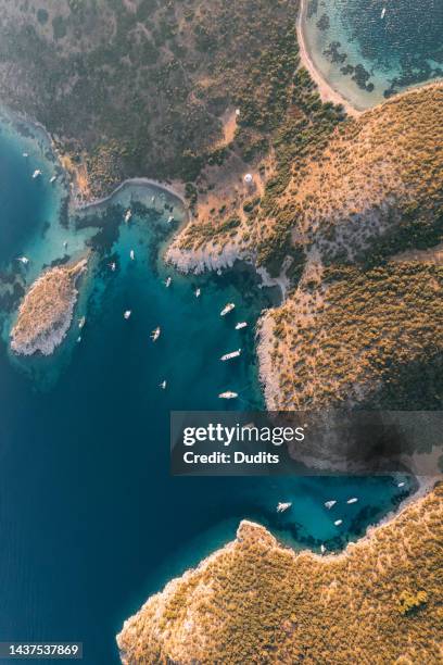 vista de pájaro aquarium bay en bodrum turquía - turquía del egeo fotografías e imágenes de stock