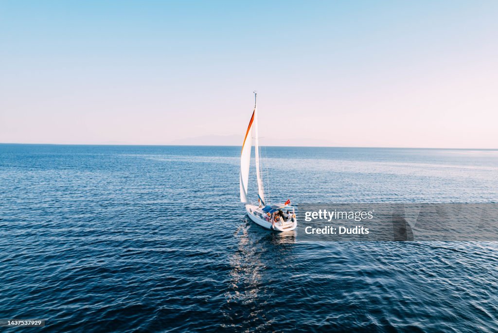 Aerial View Sailboat Moving on the Sea