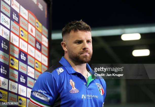 Nathan Brown of Italy looks on ahead of the Rugby League World Cup 2021 Pool B match between Australia and Italy at Totally Wicked Stadium on October...