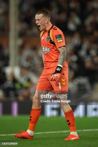 Jordan Pickford of Everton reacts during the Premier League match between Fulham FC and Everton FC at Craven Cottage on October 29, 2022 in London,...