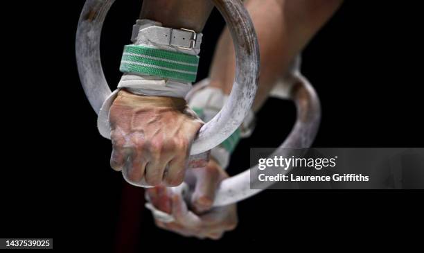 Detailed view of hands on the Rings during Podium Training ahead of the FIG Artistic Gymnastics World Championships at M&S Bank Arena on October 29,...