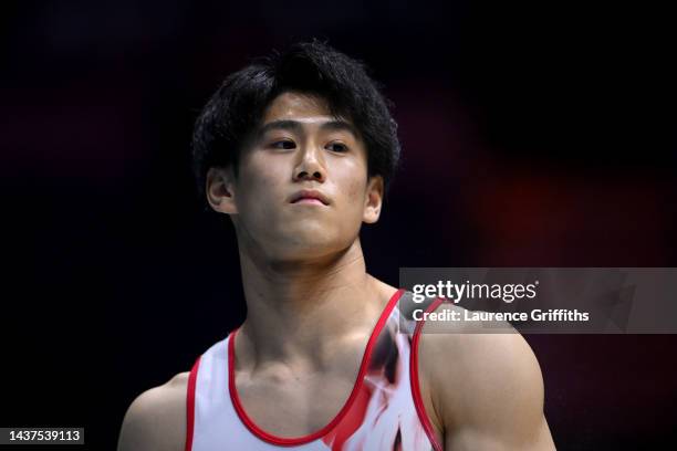 Daiki Hashimoto of Team Japan looks on during podium training ahead of the FIG Artistic Gymnastics World Championships at M&S Bank Arena on October...