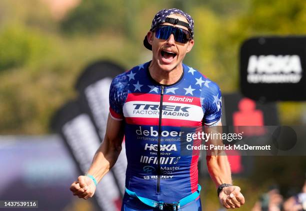 Ben Kanute of the United States reacts after taking second place during the IRONMAN 70.3 World Championship on October 29, 2022 in St George, Utah.
