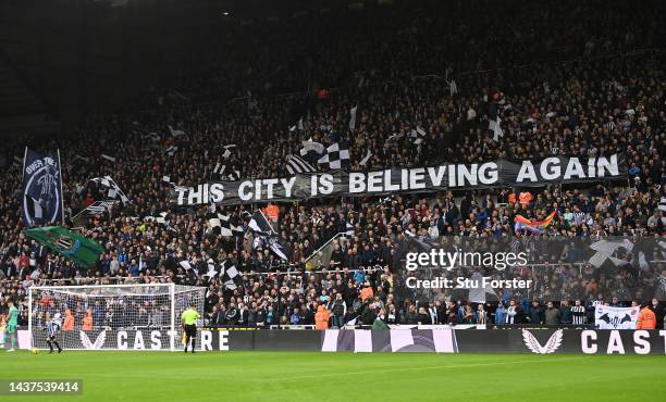 Flag in the Gallowgate reads 'This City is Believing Again' during the Premier League match between Newcastle United and Aston Villa at St. James...