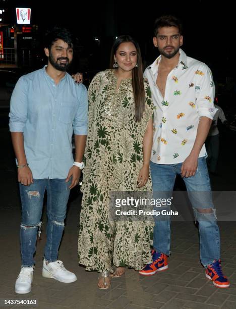 Mahat Raghavendra, Sonakshi Sinha and Zaheer Iqbal attend the 'Double XL' film photocall on October 29, 2022 in Mumbai, India
