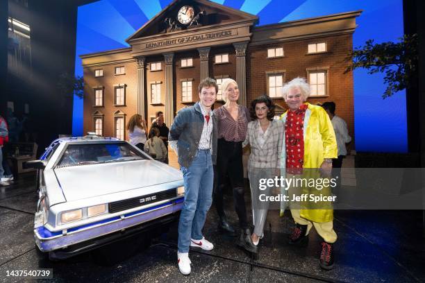 Hannah Waddingham meets cast members Ben Joyce , Amber Davies and Roger Bart onstage after watching Back To The Future: The Musical at Adelphi...