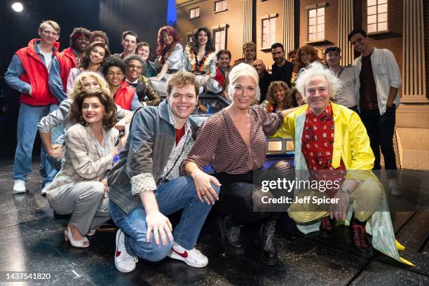 Hannah Waddingham meets cast members including Ben Joyce, Amber Davies and Roger Bart onstage after watching Back To The Future: The Musical at...