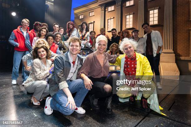 Hannah Waddingham meets cast members including Ben Joyce, Amber Davies and Roger Bart onstage after watching Back To The Future: The Musical at...