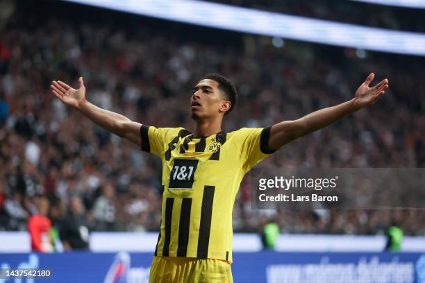 Jude Bellingham of Borussia Dortmund celebrates after scoring their side's second goal during the Bundesliga match between Eintracht Frankfurt and...