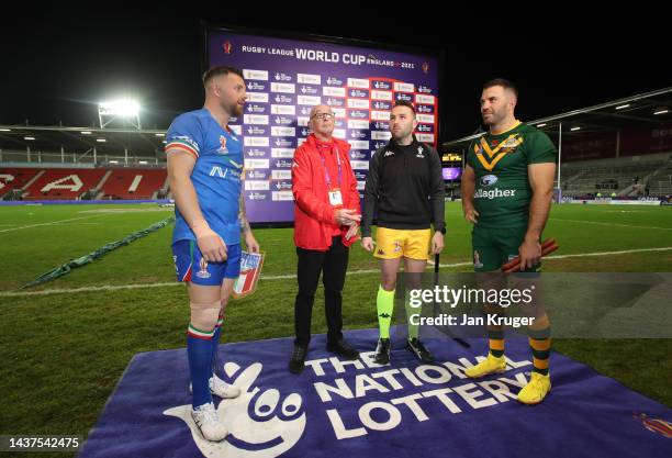 James Tedesco of Australia and Nathan Brown of Italy look on as the National Lottery Winner flips the coin ahead of the Rugby League World Cup 2021...