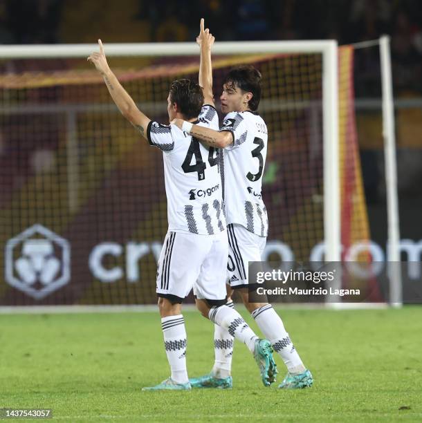 Nicolò Fagioli of Juventus celebrates his team's opening goal during the Serie A match between US Lecce and Juventus at Stadio Via del Mare on...