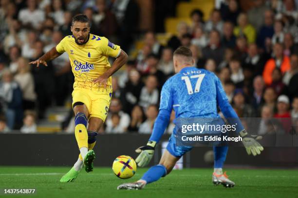 Dominic Calvert-Lewin of Everton scores their side's first goal which is later disallowed during the Premier League match between Fulham FC and...