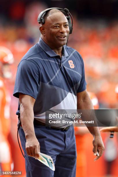 Head Coach Dino Babers of the Syracuse Orange reacts during the first quarter against the Notre Dame Fighting Irish at JMA Wireless Dome on October...