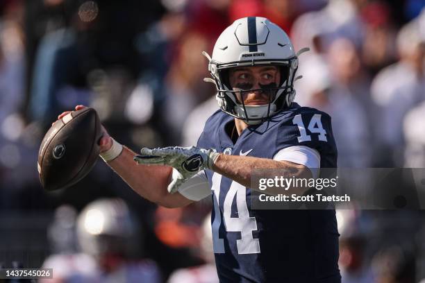 Sean Clifford of the Penn State Nittany Lions attempts a pass against the Ohio State Buckeyes during the first half at Beaver Stadium on October 29,...