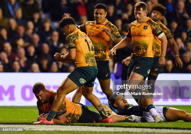 James Slipper of Australia scores their side's first try during the Autumn International match between Scotland and Australia at Murrayfield Stadium...