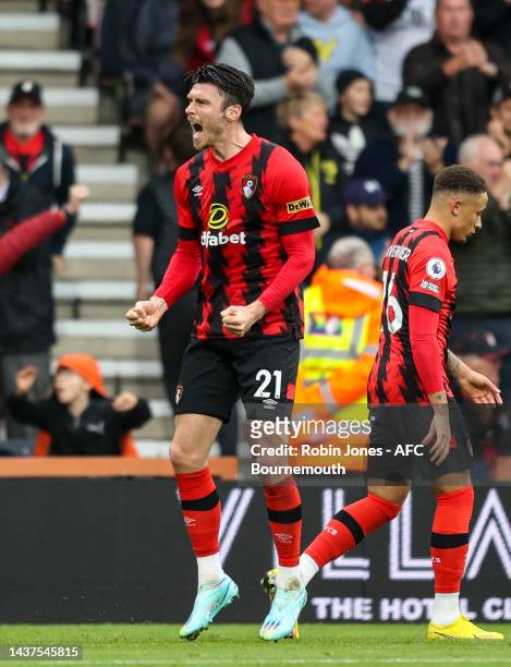 Kieffer Moore of Bournemouth celebrates after scores a goal to make it 2-0 during the Premier League match between AFC Bournemouth and Tottenham...
