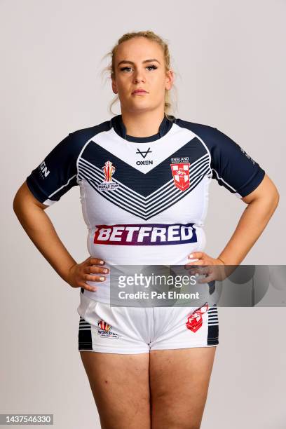 Grace Field of England poses for a photo during the England Rugby League World Cup portrait session on October 28, 2022 in York, England.