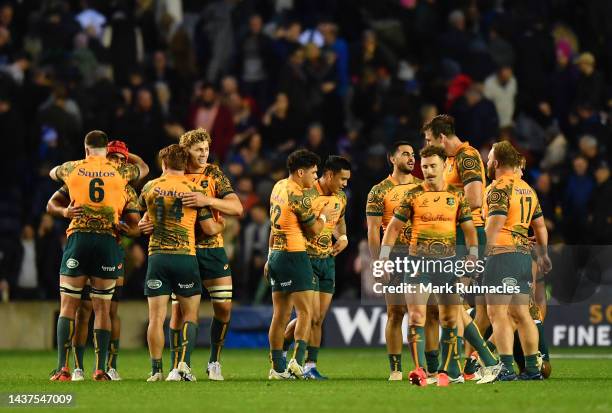 Players of Australia celebrates their side's win after the final whistle of the Autumn International match between Scotland and Australia at...