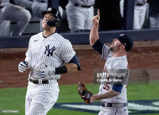 Ryan Pressly of the Houston Astros celebrates the out of Aaron Judge of the New York Yankees to win game four and the American League Championship...