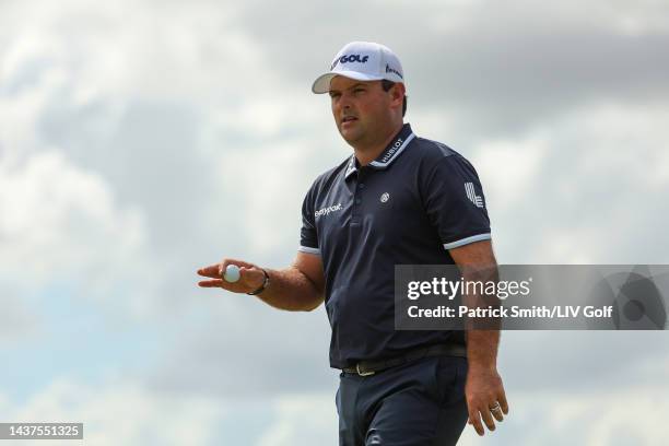 Patrick Reed of 4 Aces GC waves on the fifth green during the semifinals of the LIV Golf Invitational - Miami at Trump National Doral Miami on...