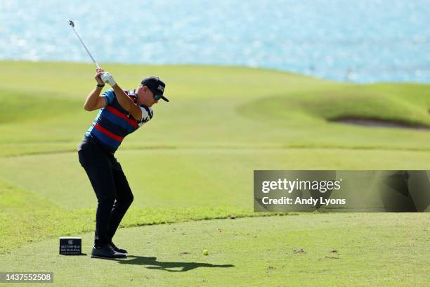 Brian Gay of the United States plays his shot from the eighth tee during the third round of the Butterfield Bermuda Championship at Port Royal Golf...